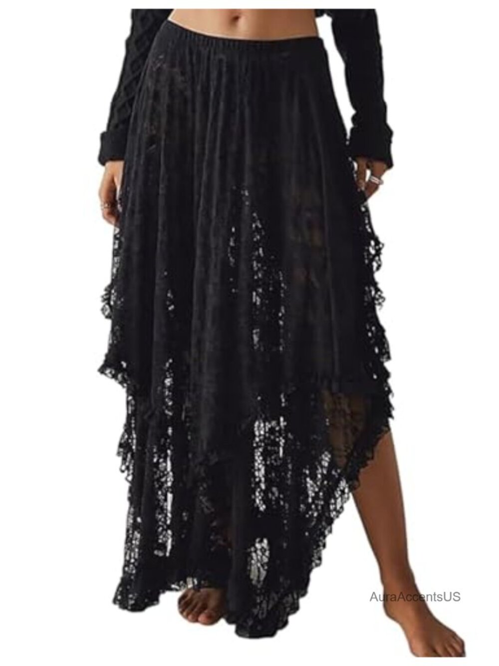 Asymmetrical Flowy Boho Lace Maxi Skirt